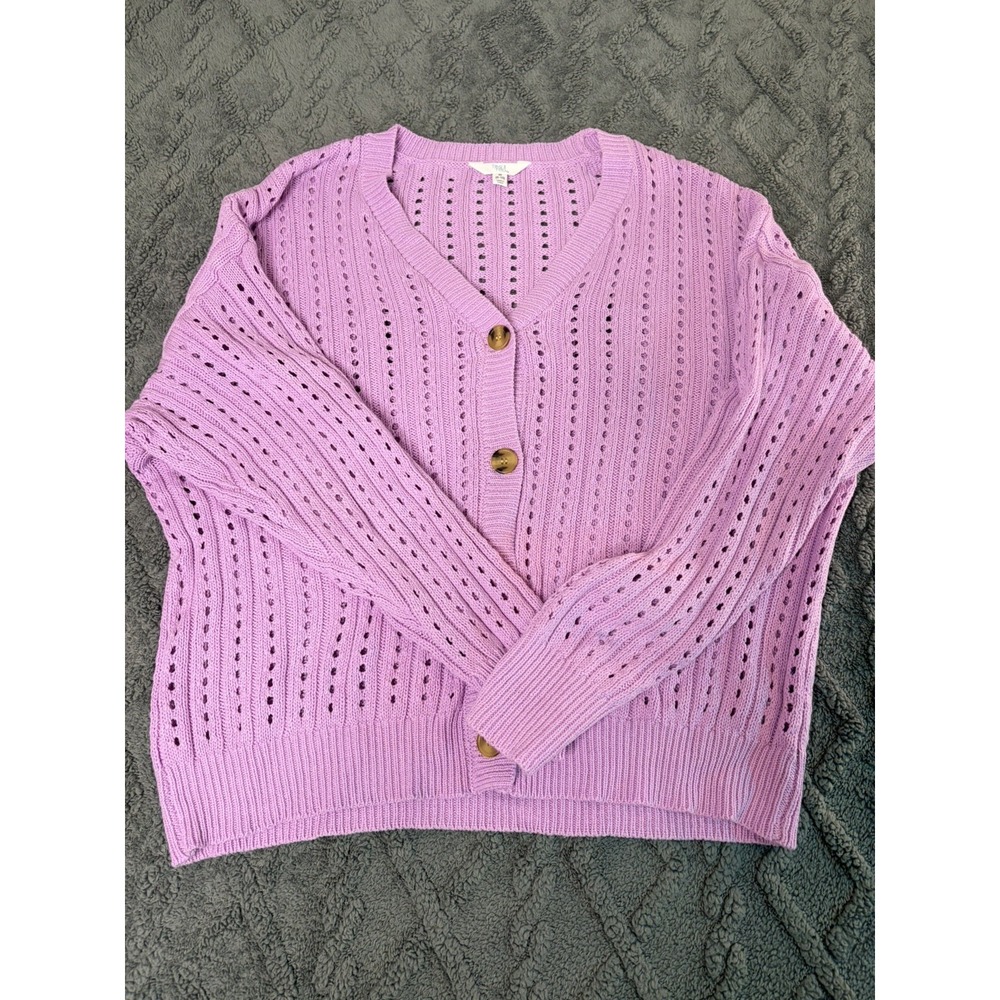 Time & True Size M Lavender Pastel Boho Pointelle Cottagecore Button Cardigan